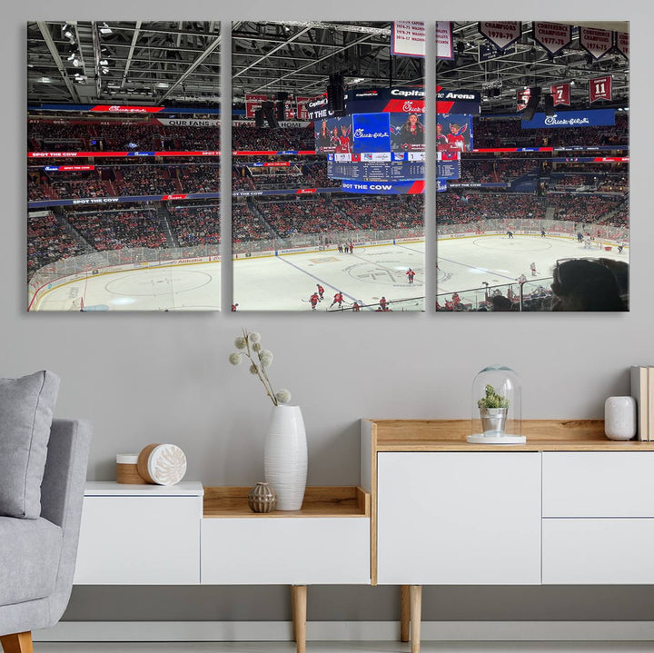 In the living room, a Washington Capitols New York Rangers Ice Hockey Game Stadium Wall Art Canvas Print hangs prominently. This museum-quality canvas features high-resolution printing and is ready to hang, seamlessly blending with the sleek décor.