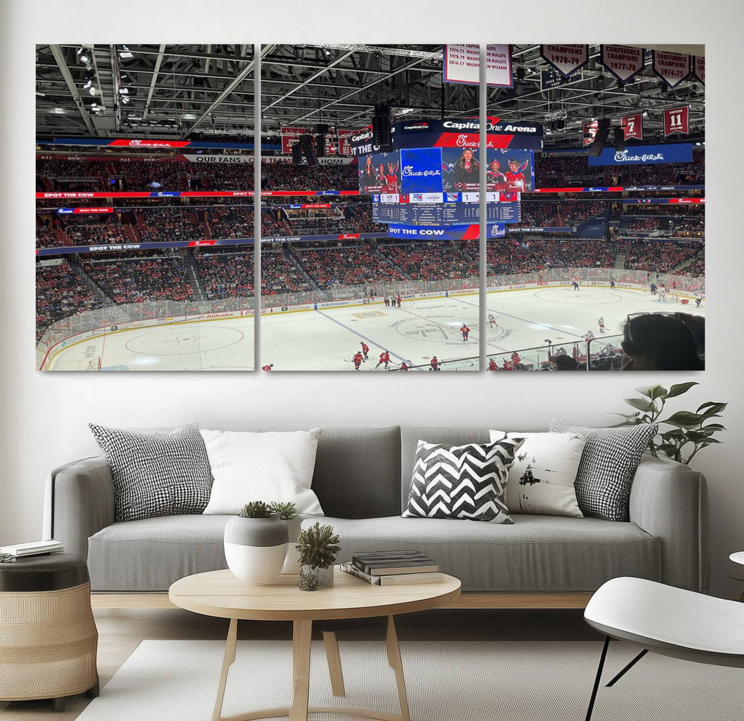 In the living room, a Washington Capitols New York Rangers Ice Hockey Game Stadium Wall Art Canvas Print hangs prominently. This museum-quality canvas features high-resolution printing and is ready to hang, seamlessly blending with the sleek décor.