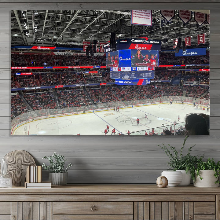 In the living room, a Washington Capitols New York Rangers Ice Hockey Game Stadium Wall Art Canvas Print hangs prominently. This museum-quality canvas features high-resolution printing and is ready to hang, seamlessly blending with the sleek décor.