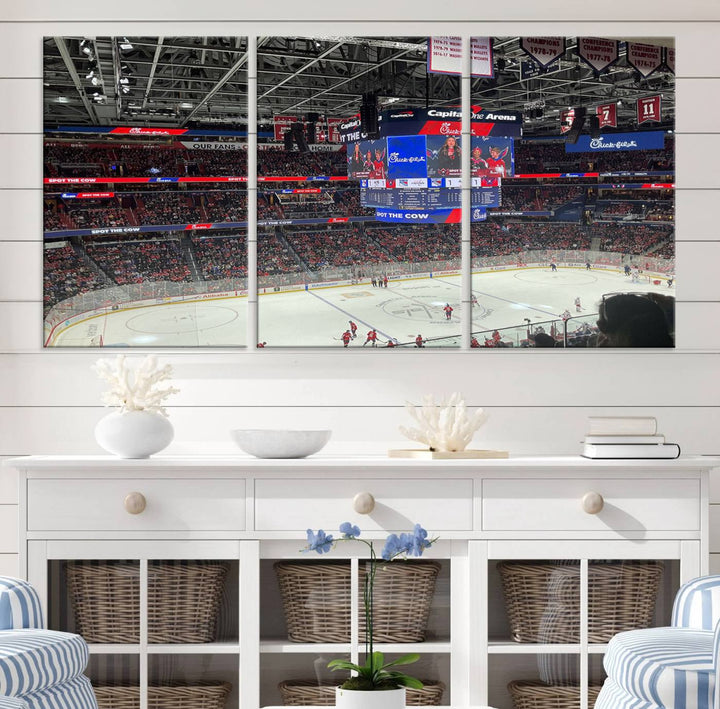 In the living room, a Washington Capitols New York Rangers Ice Hockey Game Stadium Wall Art Canvas Print hangs prominently. This museum-quality canvas features high-resolution printing and is ready to hang, seamlessly blending with the sleek décor.