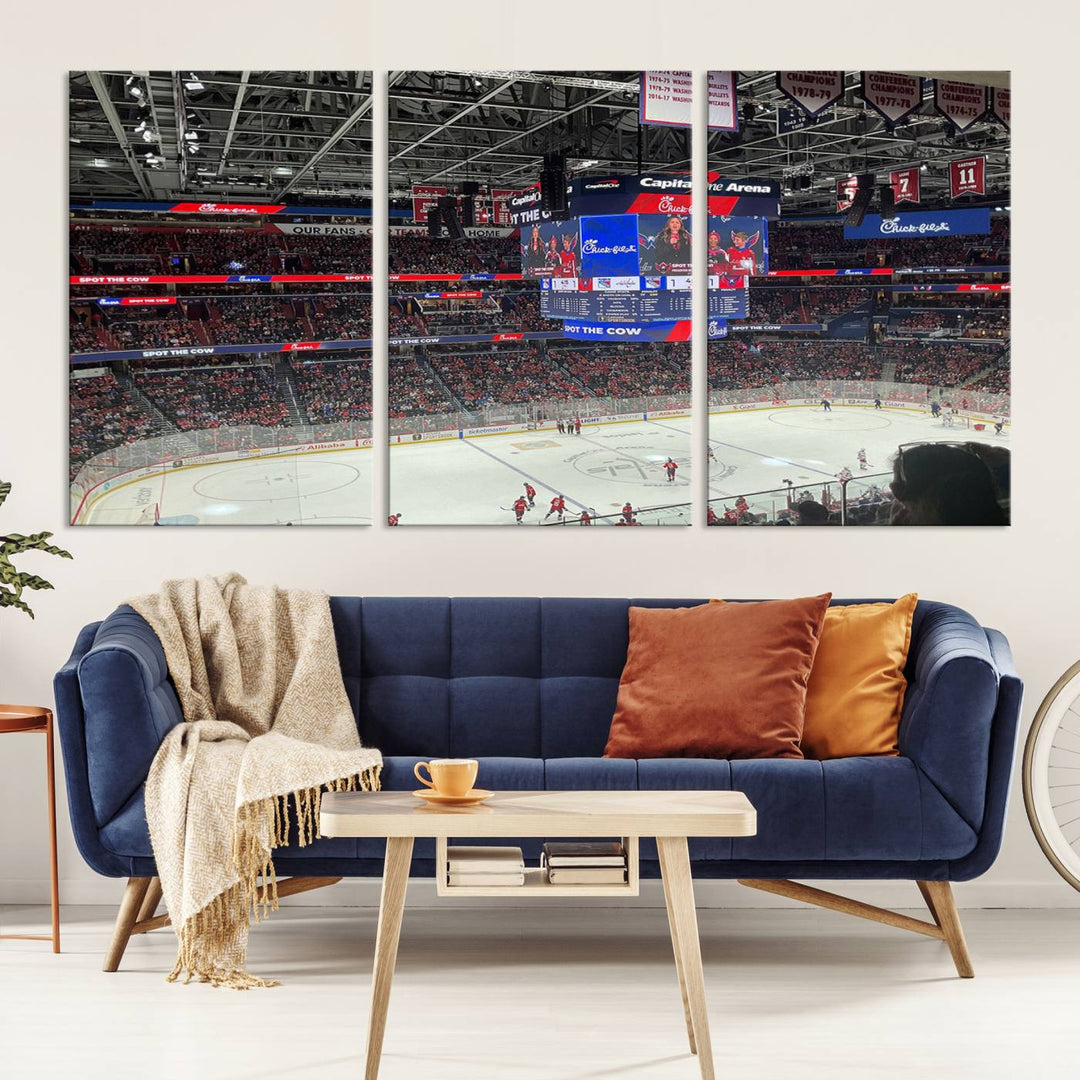 In the living room, a Washington Capitols New York Rangers Ice Hockey Game Stadium Wall Art Canvas Print hangs prominently. This museum-quality canvas features high-resolution printing and is ready to hang, seamlessly blending with the sleek décor.