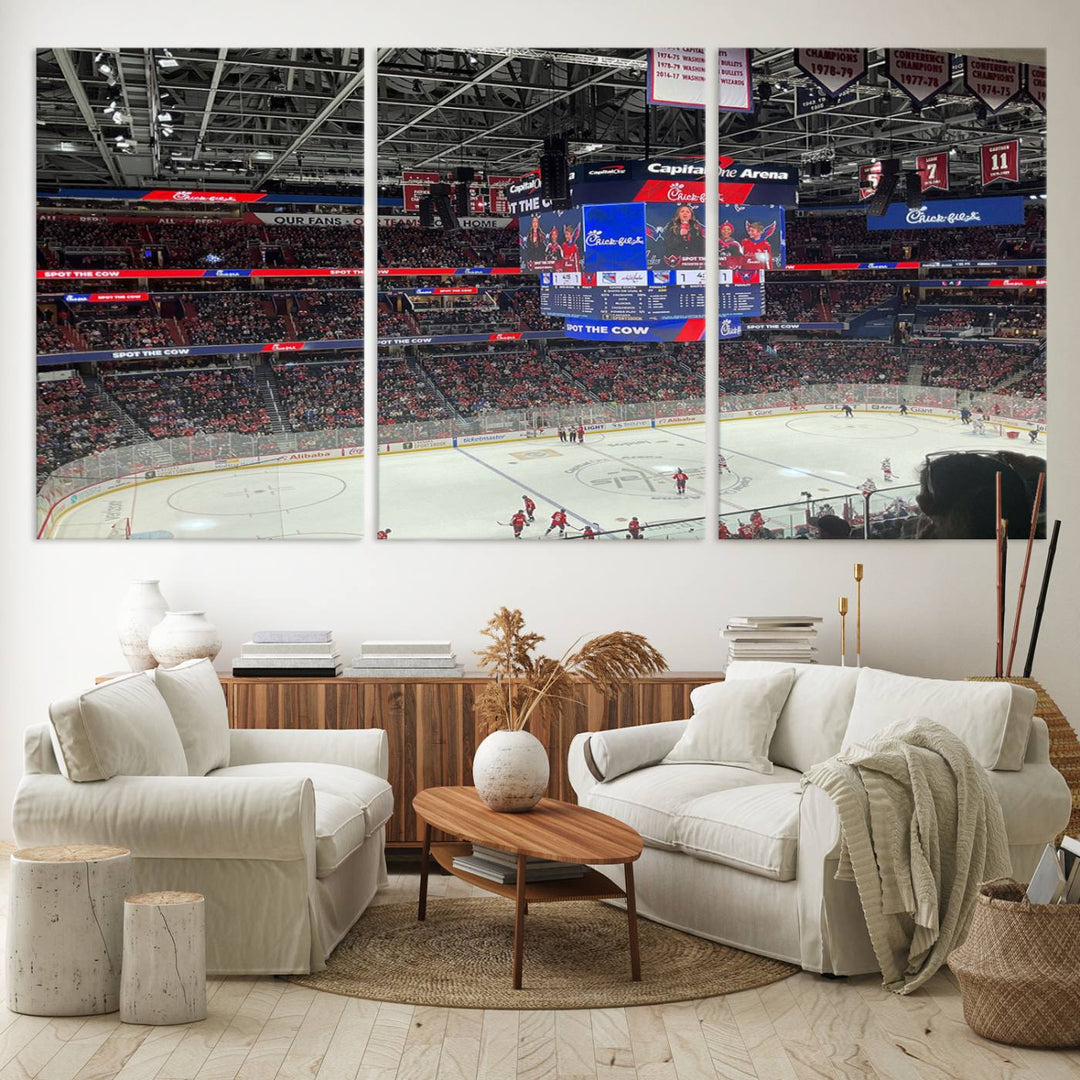 In the living room, a Washington Capitols New York Rangers Ice Hockey Game Stadium Wall Art Canvas Print hangs prominently. This museum-quality canvas features high-resolution printing and is ready to hang, seamlessly blending with the sleek décor.