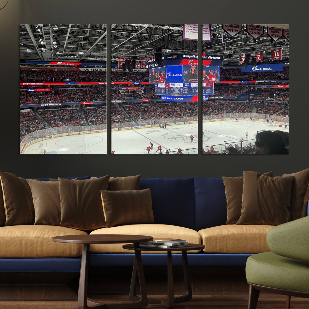 In the living room, a Washington Capitols New York Rangers Ice Hockey Game Stadium Wall Art Canvas Print hangs prominently. This museum-quality canvas features high-resolution printing and is ready to hang, seamlessly blending with the sleek décor.