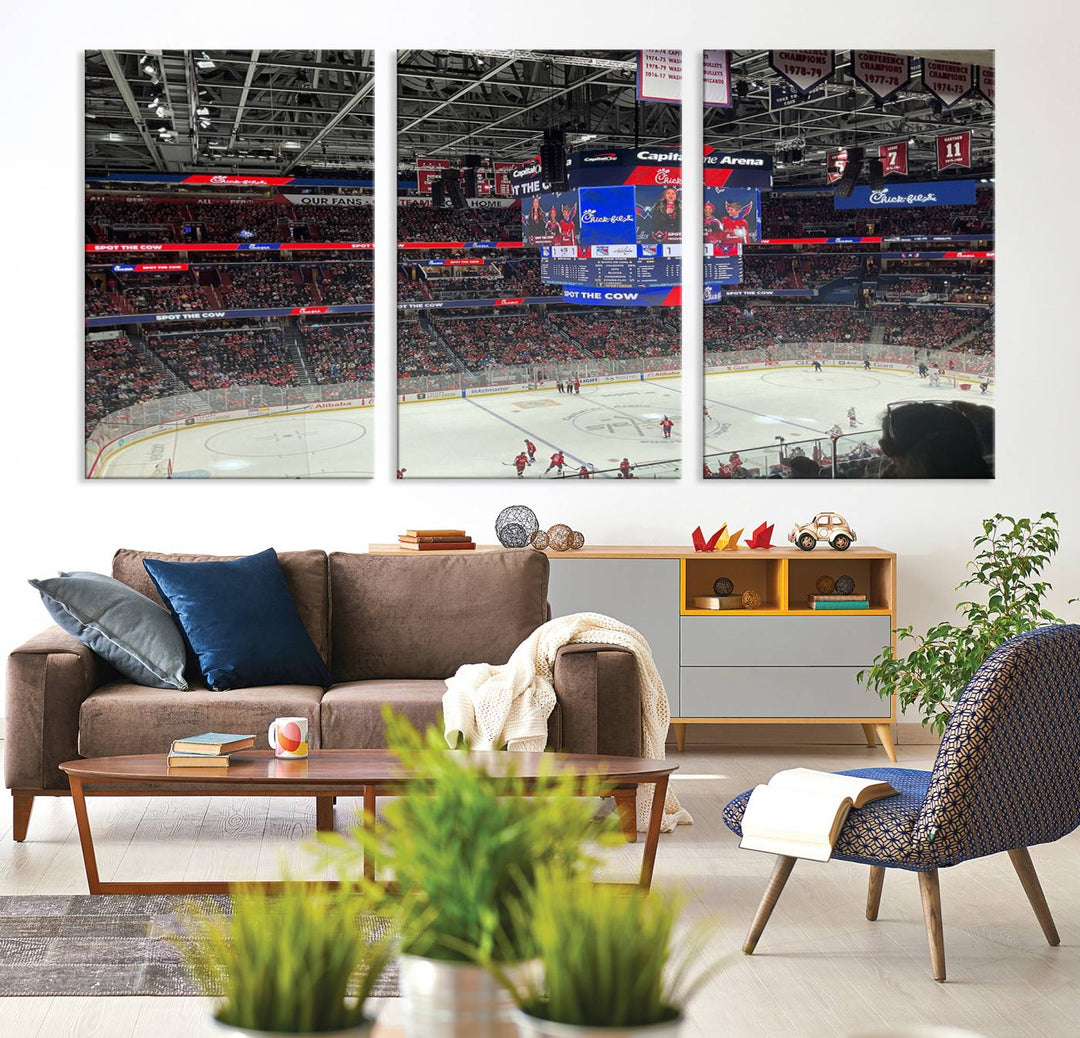 In the living room, a Washington Capitols New York Rangers Ice Hockey Game Stadium Wall Art Canvas Print hangs prominently. This museum-quality canvas features high-resolution printing and is ready to hang, seamlessly blending with the sleek décor.