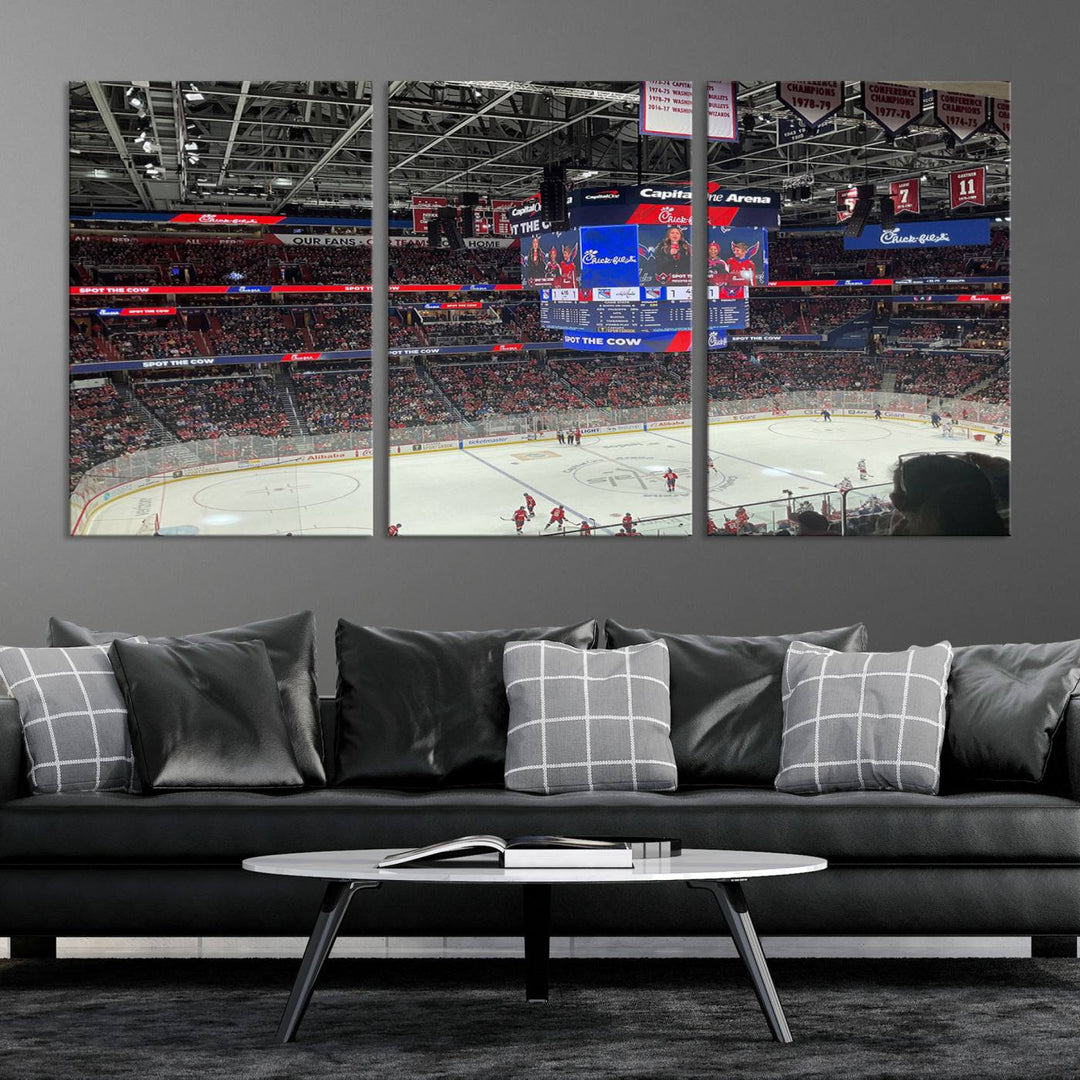 In the living room, a Washington Capitols New York Rangers Ice Hockey Game Stadium Wall Art Canvas Print hangs prominently. This museum-quality canvas features high-resolution printing and is ready to hang, seamlessly blending with the sleek décor.