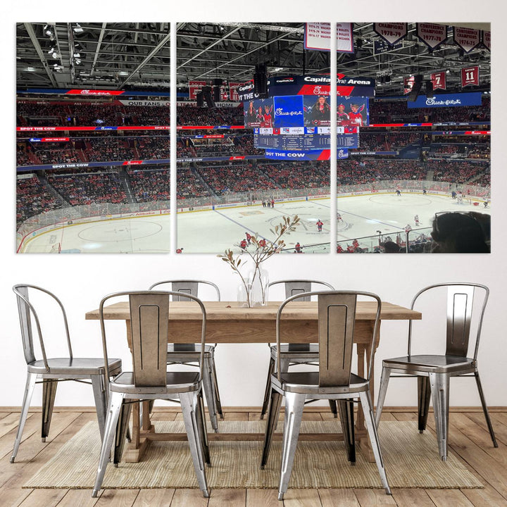 In the living room, a Washington Capitols New York Rangers Ice Hockey Game Stadium Wall Art Canvas Print hangs prominently. This museum-quality canvas features high-resolution printing and is ready to hang, seamlessly blending with the sleek décor.