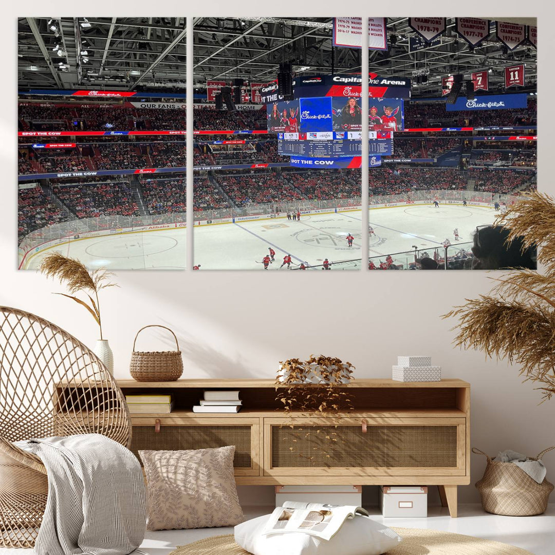 In the living room, a Washington Capitols New York Rangers Ice Hockey Game Stadium Wall Art Canvas Print hangs prominently. This museum-quality canvas features high-resolution printing and is ready to hang, seamlessly blending with the sleek décor.