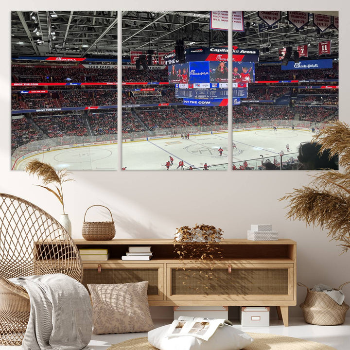 In the living room, a Washington Capitols New York Rangers Ice Hockey Game Stadium Wall Art Canvas Print hangs prominently. This museum-quality canvas features high-resolution printing and is ready to hang, seamlessly blending with the sleek décor.