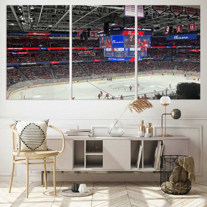 In the living room, a Washington Capitols New York Rangers Ice Hockey Game Stadium Wall Art Canvas Print hangs prominently. This museum-quality canvas features high-resolution printing and is ready to hang, seamlessly blending with the sleek décor.