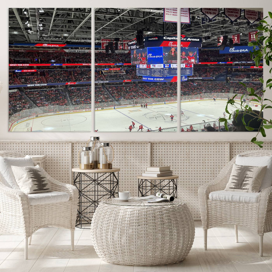 In the living room, a Washington Capitols New York Rangers Ice Hockey Game Stadium Wall Art Canvas Print hangs prominently. This museum-quality canvas features high-resolution printing and is ready to hang, seamlessly blending with the sleek décor.