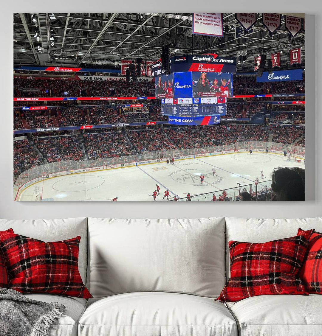 In the living room, a Washington Capitols New York Rangers Ice Hockey Game Stadium Wall Art Canvas Print hangs prominently. This museum-quality canvas features high-resolution printing and is ready to hang, seamlessly blending with the sleek décor.