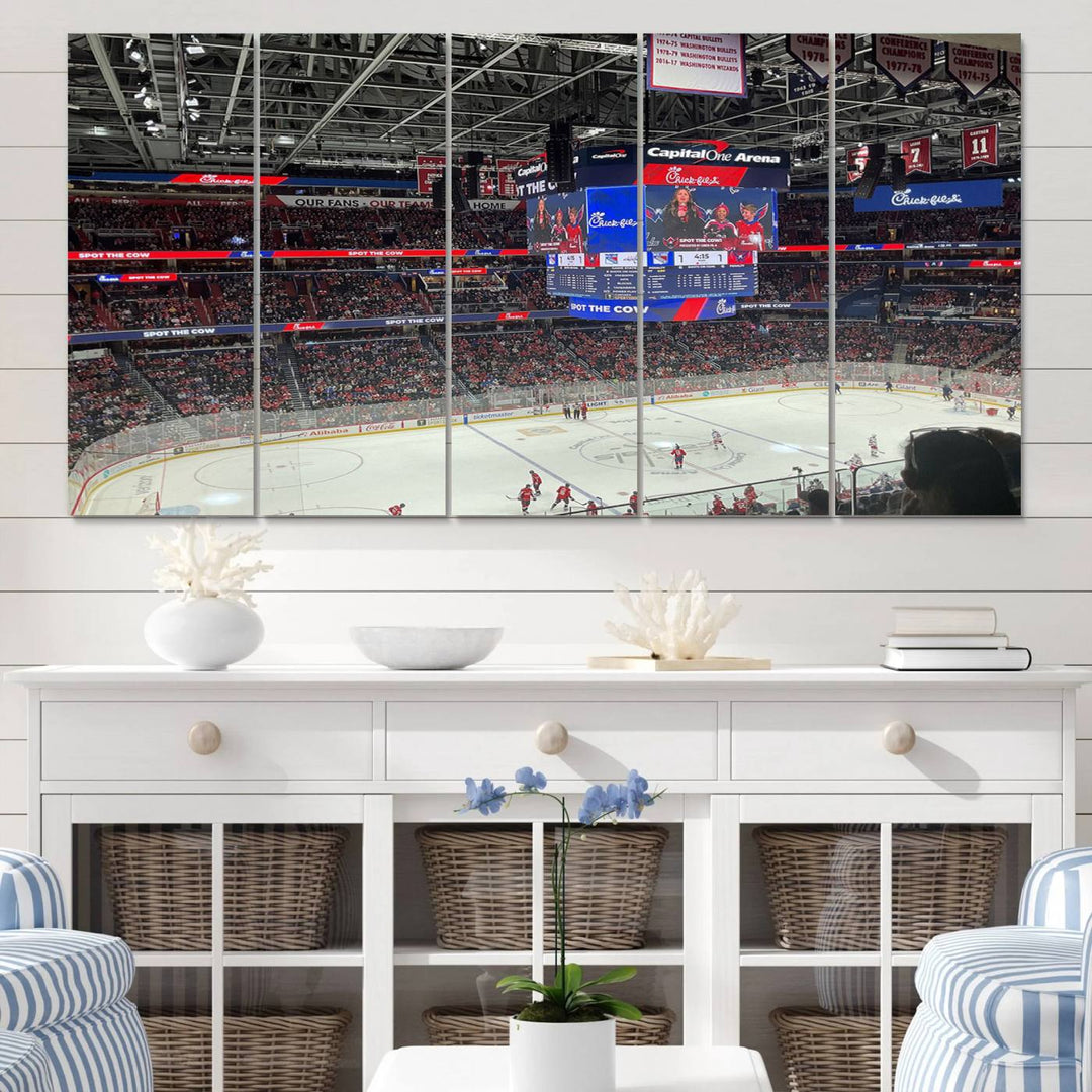 In the living room, a Washington Capitols New York Rangers Ice Hockey Game Stadium Wall Art Canvas Print hangs prominently. This museum-quality canvas features high-resolution printing and is ready to hang, seamlessly blending with the sleek décor.