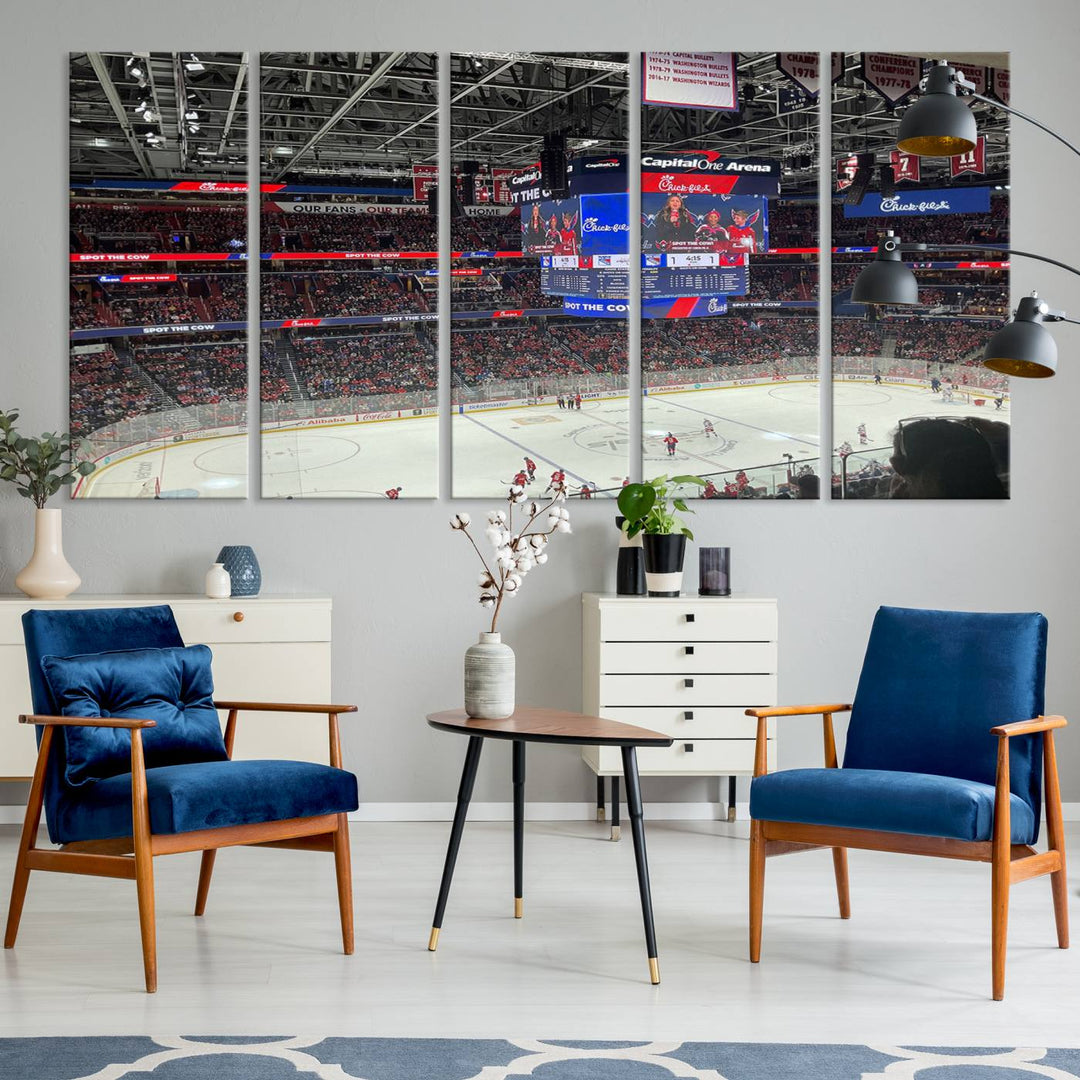 In the living room, a Washington Capitols New York Rangers Ice Hockey Game Stadium Wall Art Canvas Print hangs prominently. This museum-quality canvas features high-resolution printing and is ready to hang, seamlessly blending with the sleek décor.