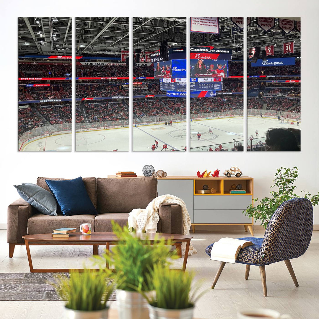 In the living room, a Washington Capitols New York Rangers Ice Hockey Game Stadium Wall Art Canvas Print hangs prominently. This museum-quality canvas features high-resolution printing and is ready to hang, seamlessly blending with the sleek décor.