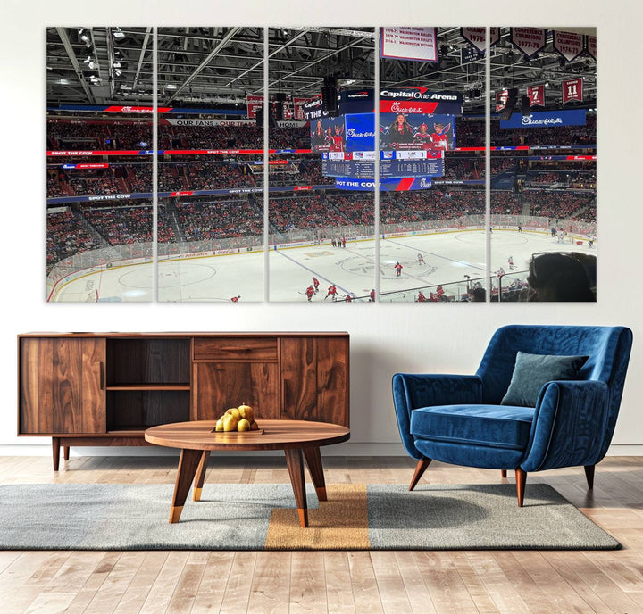 In the living room, a Washington Capitols New York Rangers Ice Hockey Game Stadium Wall Art Canvas Print hangs prominently. This museum-quality canvas features high-resolution printing and is ready to hang, seamlessly blending with the sleek décor.