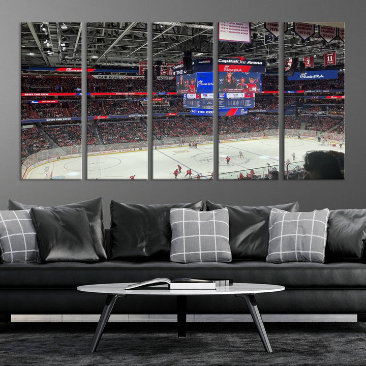 In the living room, a Washington Capitols New York Rangers Ice Hockey Game Stadium Wall Art Canvas Print hangs prominently. This museum-quality canvas features high-resolution printing and is ready to hang, seamlessly blending with the sleek décor.