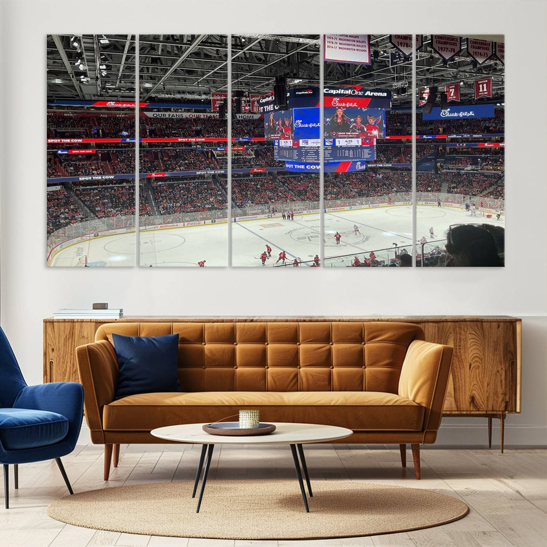 In the living room, a Washington Capitols New York Rangers Ice Hockey Game Stadium Wall Art Canvas Print hangs prominently. This museum-quality canvas features high-resolution printing and is ready to hang, seamlessly blending with the sleek décor.