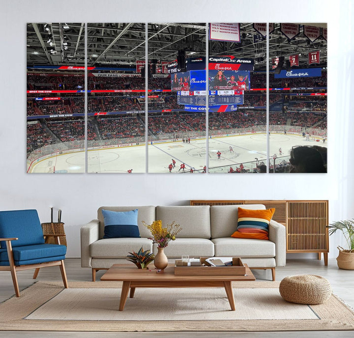 In the living room, a Washington Capitols New York Rangers Ice Hockey Game Stadium Wall Art Canvas Print hangs prominently. This museum-quality canvas features high-resolution printing and is ready to hang, seamlessly blending with the sleek décor.