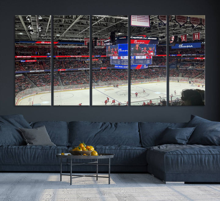 In the living room, a Washington Capitols New York Rangers Ice Hockey Game Stadium Wall Art Canvas Print hangs prominently. This museum-quality canvas features high-resolution printing and is ready to hang, seamlessly blending with the sleek décor.