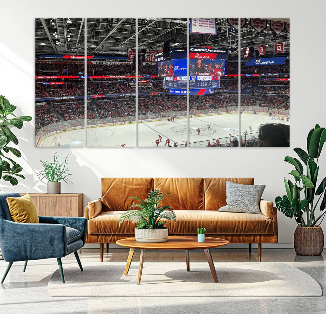 In the living room, a Washington Capitols New York Rangers Ice Hockey Game Stadium Wall Art Canvas Print hangs prominently. This museum-quality canvas features high-resolution printing and is ready to hang, seamlessly blending with the sleek décor.