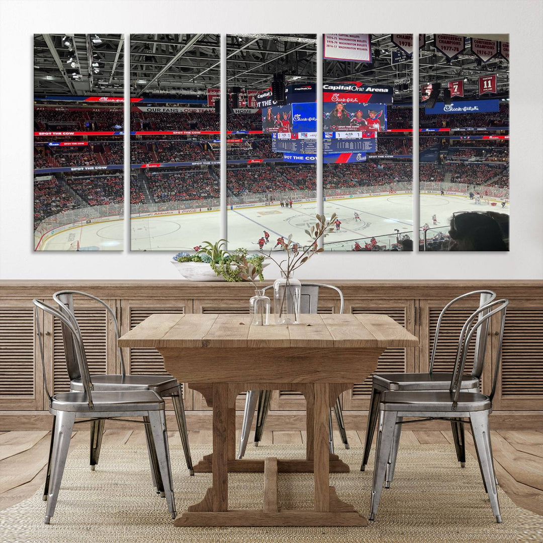 In the living room, a Washington Capitols New York Rangers Ice Hockey Game Stadium Wall Art Canvas Print hangs prominently. This museum-quality canvas features high-resolution printing and is ready to hang, seamlessly blending with the sleek décor.