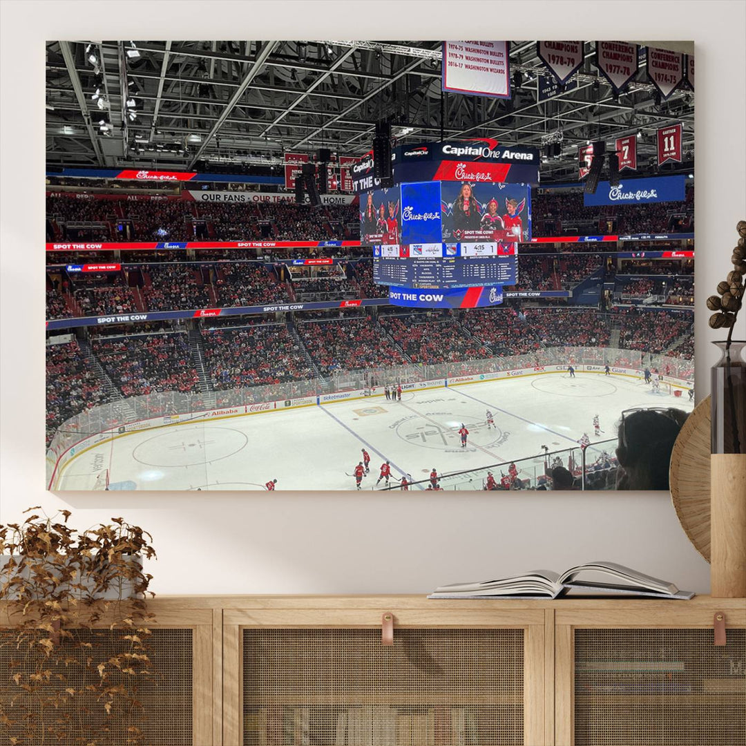 In the living room, a Washington Capitols New York Rangers Ice Hockey Game Stadium Wall Art Canvas Print hangs prominently. This museum-quality canvas features high-resolution printing and is ready to hang, seamlessly blending with the sleek décor.