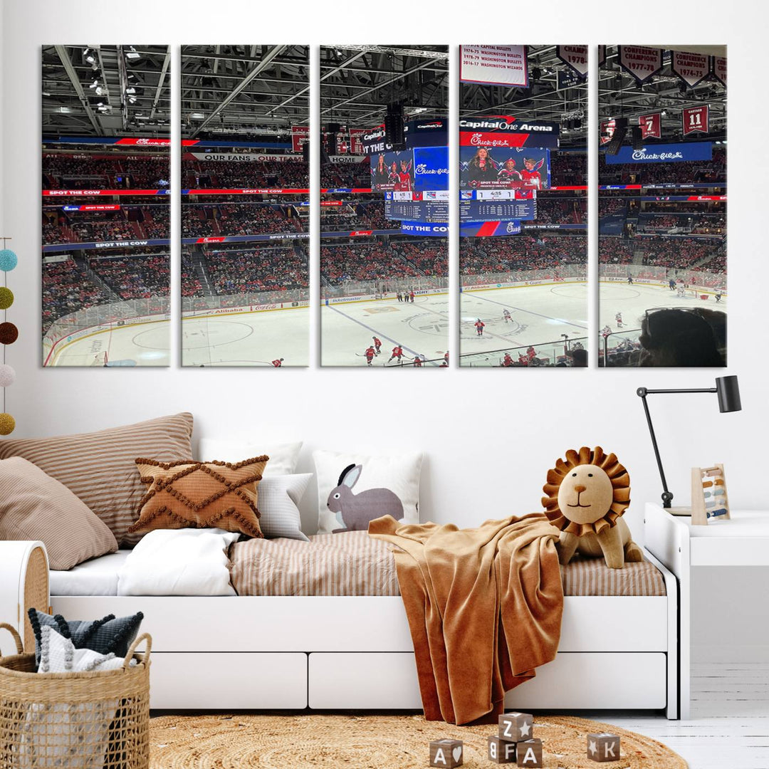 In the living room, a Washington Capitols New York Rangers Ice Hockey Game Stadium Wall Art Canvas Print hangs prominently. This museum-quality canvas features high-resolution printing and is ready to hang, seamlessly blending with the sleek décor.