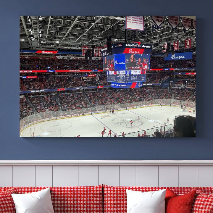 In the living room, a Washington Capitols New York Rangers Ice Hockey Game Stadium Wall Art Canvas Print hangs prominently. This museum-quality canvas features high-resolution printing and is ready to hang, seamlessly blending with the sleek décor.