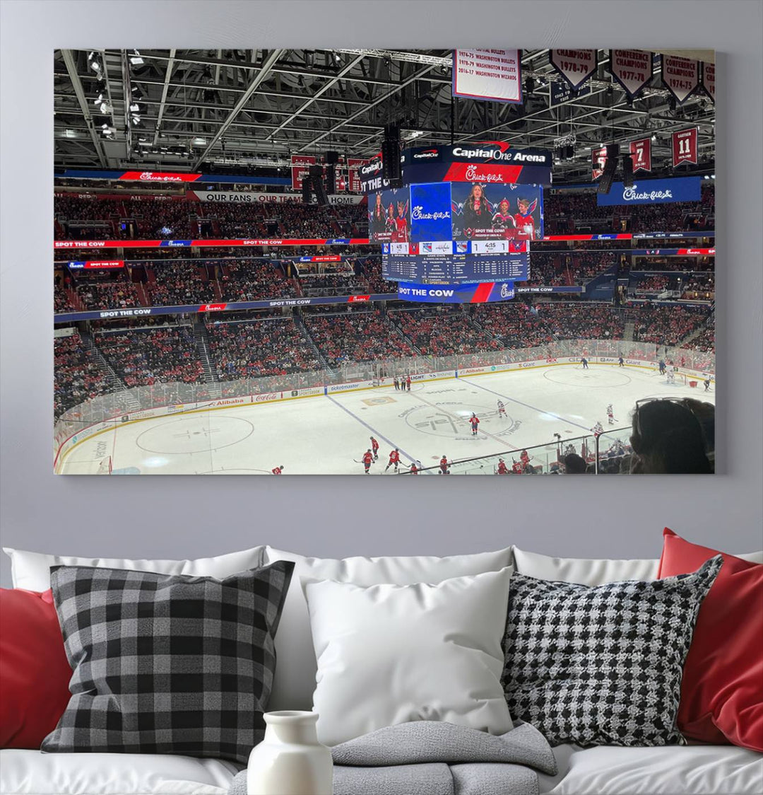 In the living room, a Washington Capitols New York Rangers Ice Hockey Game Stadium Wall Art Canvas Print hangs prominently. This museum-quality canvas features high-resolution printing and is ready to hang, seamlessly blending with the sleek décor.