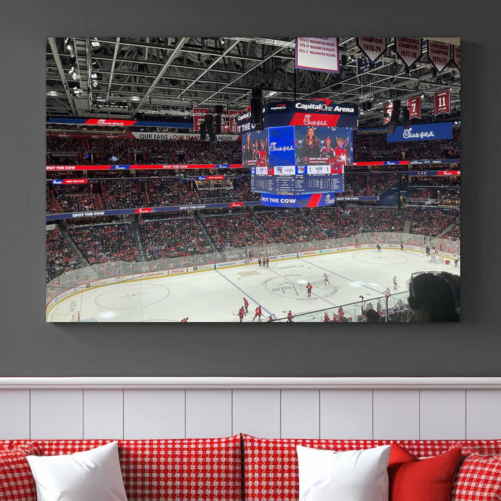 In the living room, a Washington Capitols New York Rangers Ice Hockey Game Stadium Wall Art Canvas Print hangs prominently. This museum-quality canvas features high-resolution printing and is ready to hang, seamlessly blending with the sleek décor.