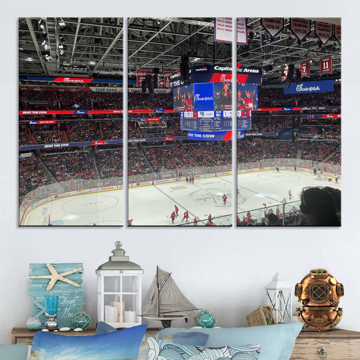 In the living room, a Washington Capitols New York Rangers Ice Hockey Game Stadium Wall Art Canvas Print hangs prominently. This museum-quality canvas features high-resolution printing and is ready to hang, seamlessly blending with the sleek décor.