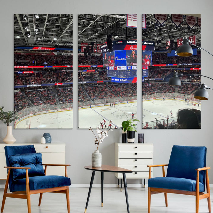 In the living room, a Washington Capitols New York Rangers Ice Hockey Game Stadium Wall Art Canvas Print hangs prominently. This museum-quality canvas features high-resolution printing and is ready to hang, seamlessly blending with the sleek décor.