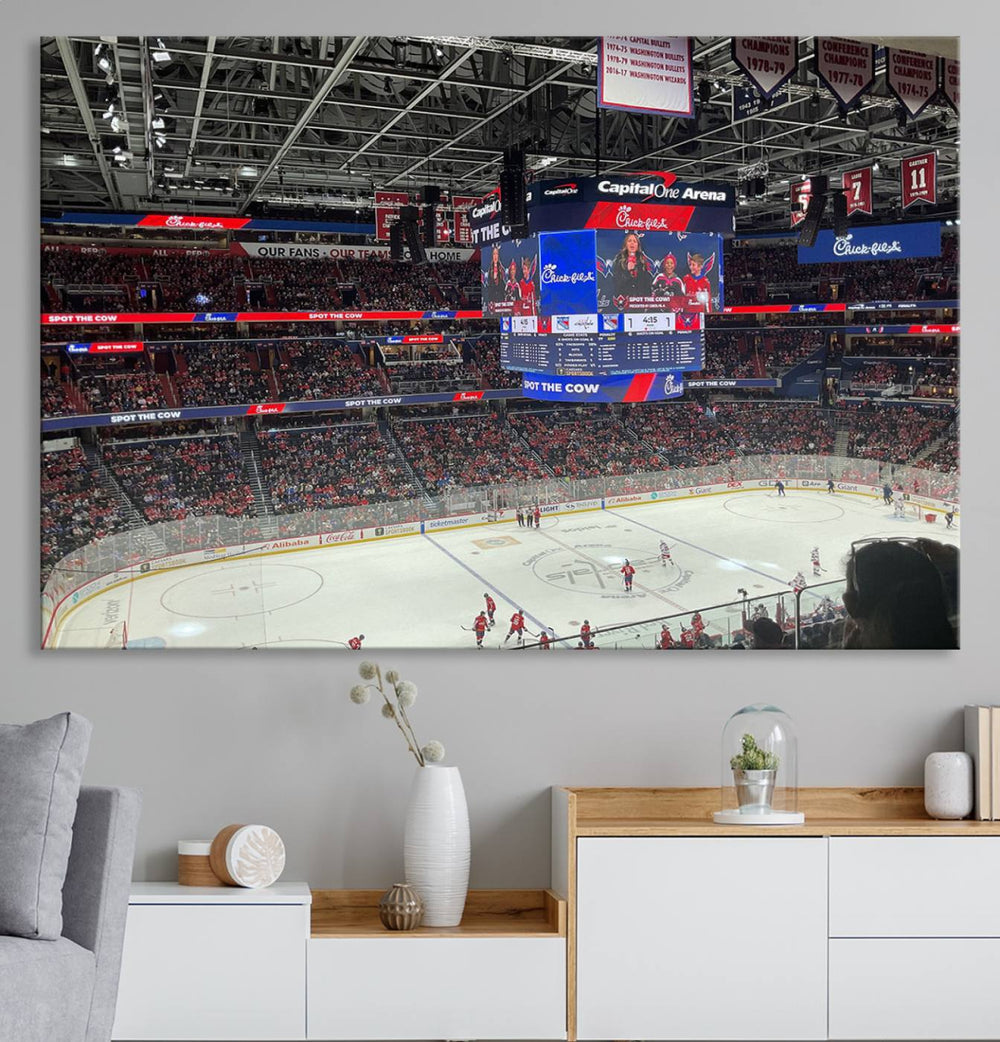 In the living room, a Washington Capitols New York Rangers Ice Hockey Game Stadium Wall Art Canvas Print hangs prominently. This museum-quality canvas features high-resolution printing and is ready to hang, seamlessly blending with the sleek décor.