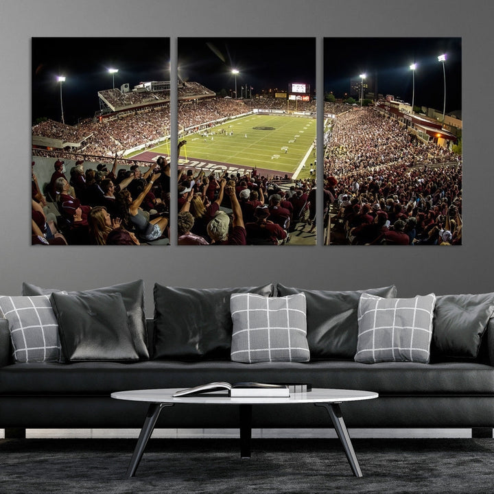 The Washington-Grizzly Stadium Canvas Print features a vibrant depiction of a packed football stadium at night. This American Football Wall Art is crafted on gallery-wrapped canvases with a UV-protective coating to maintain its lasting vibrancy.