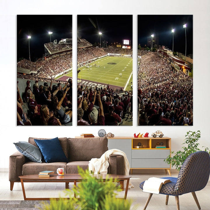 The Washington-Grizzly Stadium Canvas Print features a vibrant depiction of a packed football stadium at night. This American Football Wall Art is crafted on gallery-wrapped canvases with a UV-protective coating to maintain its lasting vibrancy.