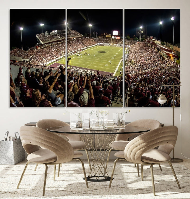 The Washington-Grizzly Stadium Canvas Print features a vibrant depiction of a packed football stadium at night. This American Football Wall Art is crafted on gallery-wrapped canvases with a UV-protective coating to maintain its lasting vibrancy.