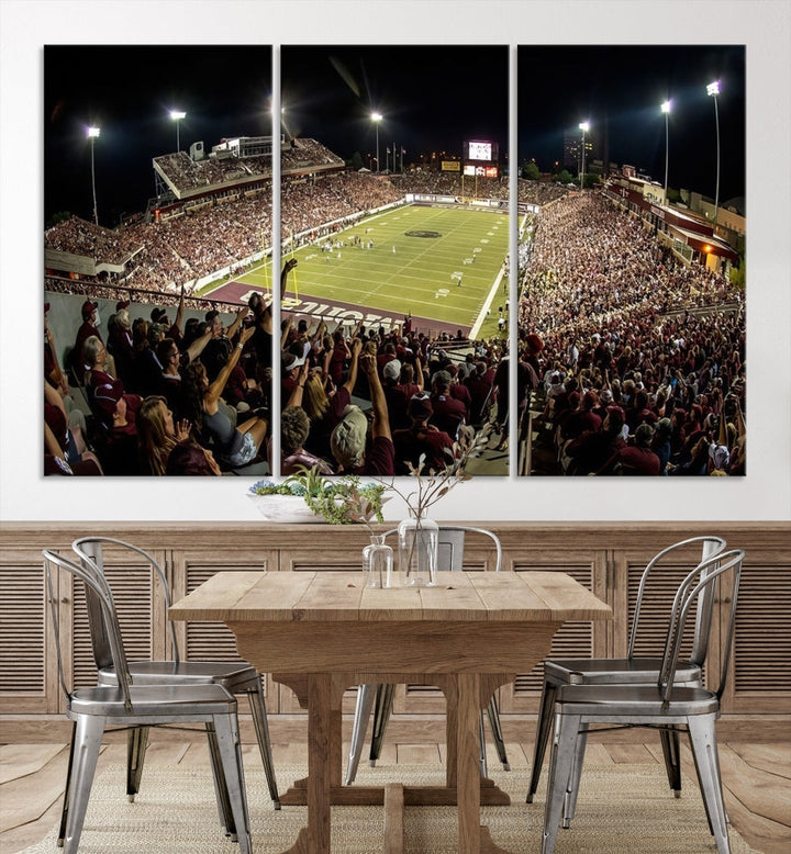 The Washington-Grizzly Stadium Canvas Print features a vibrant depiction of a packed football stadium at night. This American Football Wall Art is crafted on gallery-wrapped canvases with a UV-protective coating to maintain its lasting vibrancy.