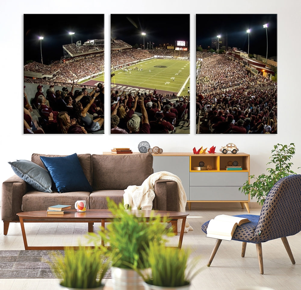 Panoramic triptych canvas of Washington-Grizzly Stadium during a thrilling night game, featuring a packed crowd and illuminated field. Perfect for sports fans, ready to hang.