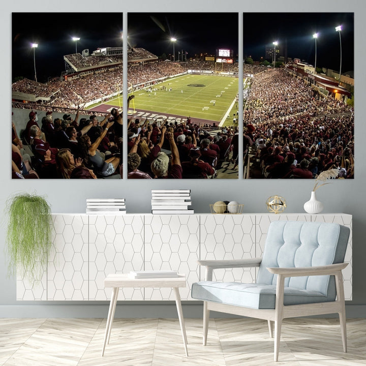 Panoramic triptych canvas of Washington-Grizzly Stadium during a thrilling night game, featuring a packed crowd and illuminated field. Perfect for sports fans, ready to hang.