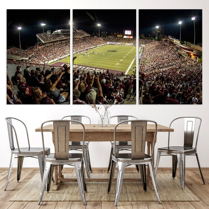 Panoramic triptych canvas of Washington-Grizzly Stadium during a thrilling night game, featuring a packed crowd and illuminated field. Perfect for sports fans, ready to hang.