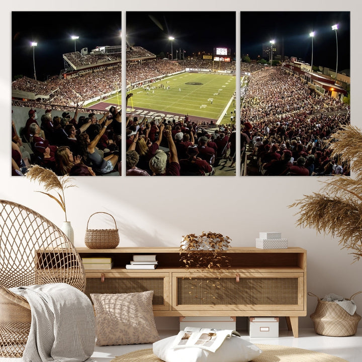 Panoramic triptych canvas of Washington-Grizzly Stadium during a thrilling night game, featuring a packed crowd and illuminated field. Perfect for sports fans, ready to hang.