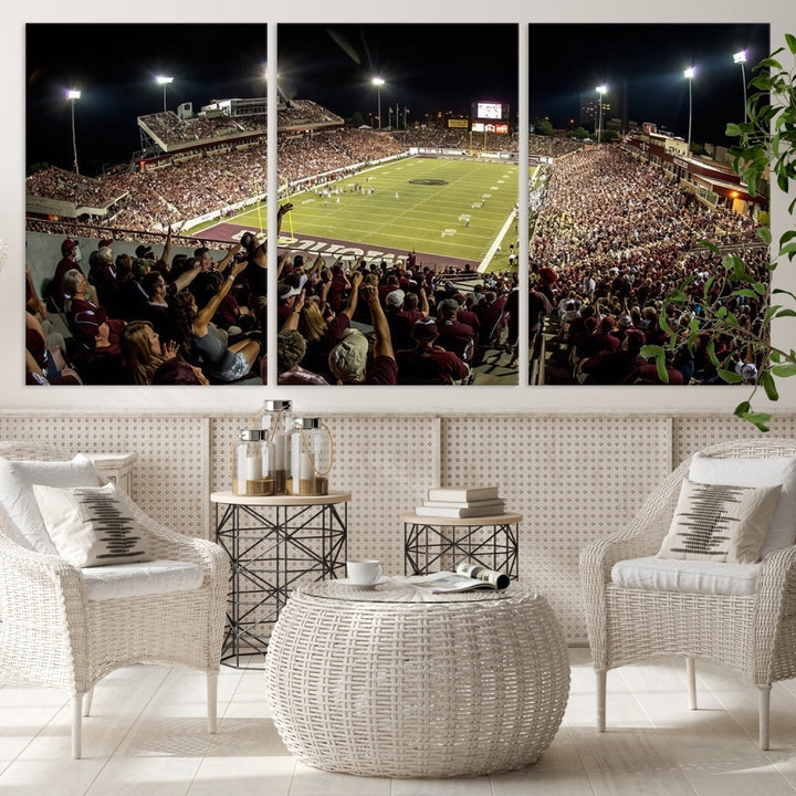 The Washington-Grizzly Stadium Canvas Wall Art – Exciting Game Night Atmosphere Captured in Panoramic Sports Photography offers a breathtaking view that adds a touch of vibrance to any modern living room. This ready-to-hang piece infuses your home with the dynamic energy of college football.