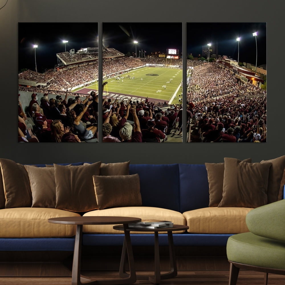 The Washington-Grizzly Stadium Canvas Wall Art – Exciting Game Night Atmosphere Captured in Panoramic Sports Photography offers a breathtaking view that adds a touch of vibrance to any modern living room. This ready-to-hang piece infuses your home with the dynamic energy of college football.