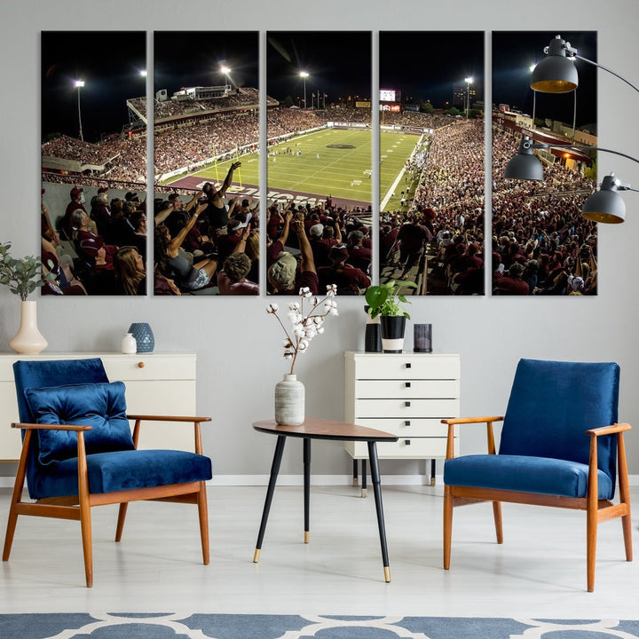 The Washington-Grizzly Stadium Canvas Wall Art – Exciting Game Night Atmosphere Captured in Panoramic Sports Photography offers a breathtaking view that adds a touch of vibrance to any modern living room. This ready-to-hang piece infuses your home with the dynamic energy of college football.