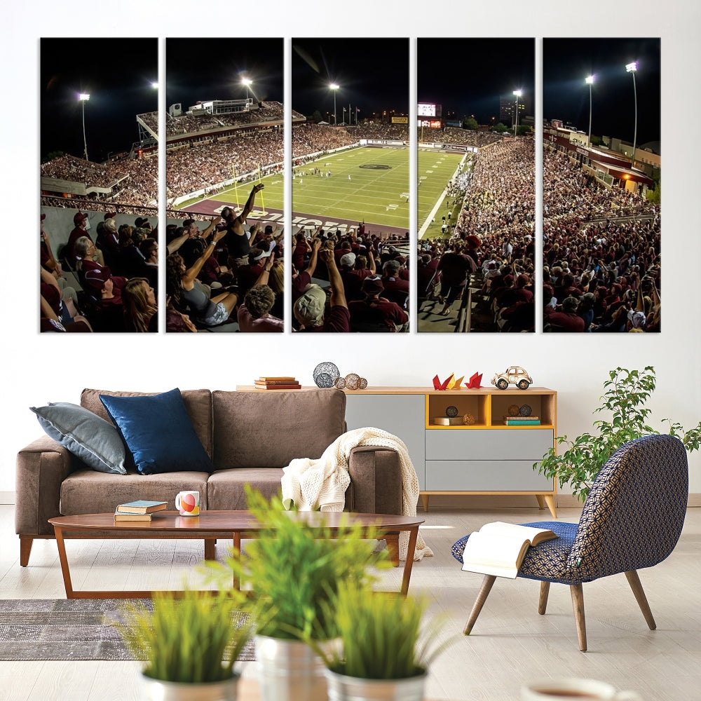 The Washington-Grizzly Stadium Canvas Wall Art – Exciting Game Night Atmosphere Captured in Panoramic Sports Photography offers a breathtaking view that adds a touch of vibrance to any modern living room. This ready-to-hang piece infuses your home with the dynamic energy of college football.