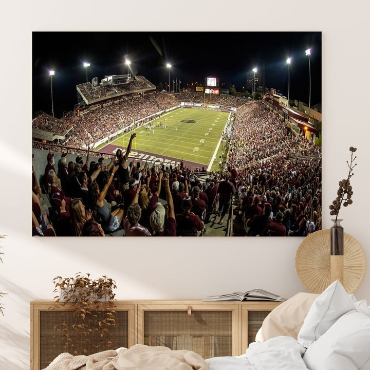 Panoramic triptych canvas of Washington-Grizzly Stadium during a thrilling night game, featuring a packed crowd and illuminated field. Perfect for sports fans, ready to hang.