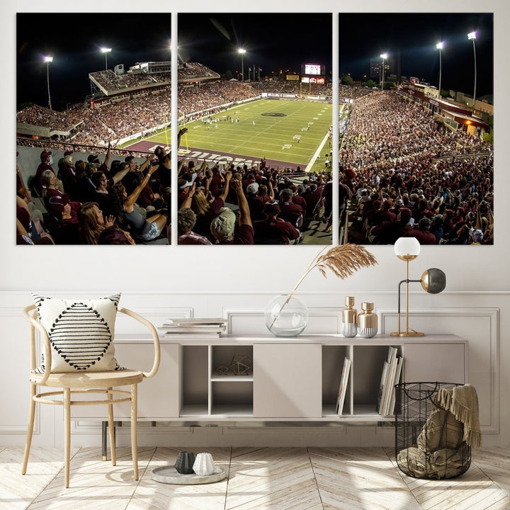 The Washington-Grizzly Stadium Canvas Wall Art – Exciting Game Night Atmosphere Captured in Panoramic Sports Photography offers a breathtaking view that adds a touch of vibrance to any modern living room. This ready-to-hang piece infuses your home with the dynamic energy of college football.