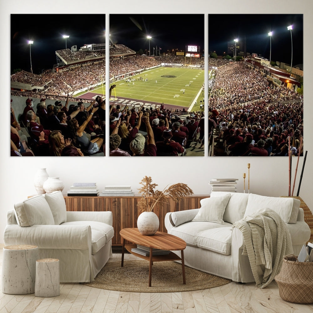 The Washington-Grizzly Stadium Canvas Wall Art – Exciting Game Night Atmosphere Captured in Panoramic Sports Photography offers a breathtaking view that adds a touch of vibrance to any modern living room. This ready-to-hang piece infuses your home with the dynamic energy of college football.