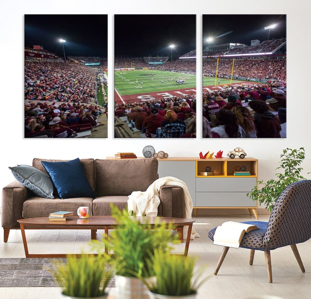 The Washington-Grizzly Stadium Canvas Wall Art beautifully depicts a lively night game scene under vibrant lights. The immersive game day atmosphere is captured in dynamic panoramic photography, making it ready to hang and enjoy.