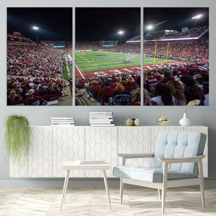 The Washington-Grizzly Stadium Canvas Wall Art beautifully depicts a lively night game scene under vibrant lights. The immersive game day atmosphere is captured in dynamic panoramic photography, making it ready to hang and enjoy.